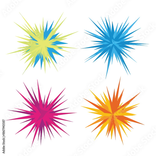 Four colorful abstract spiky starburst shapes resembling explosions or bursts, presented as graphic design elements on a white background.