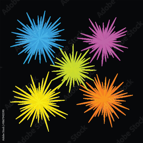 Five vibrant, spiky starburst shapes in blue, magenta, green, yellow, and orange radiating on a dark black background, resembling abstract fireworks.