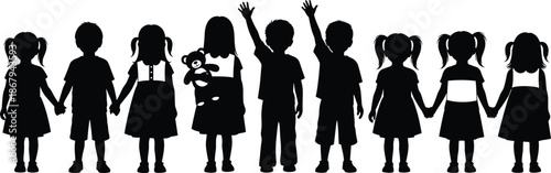 Set of diverse children silhouettes standing together and holding hands isolated on white background for family education and community design