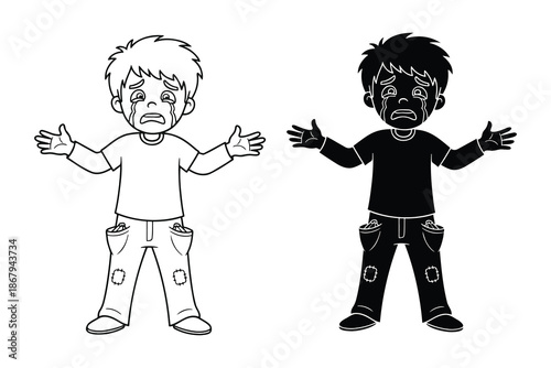 two cartoon boys crying and looking sad with hands outstretched in distress
