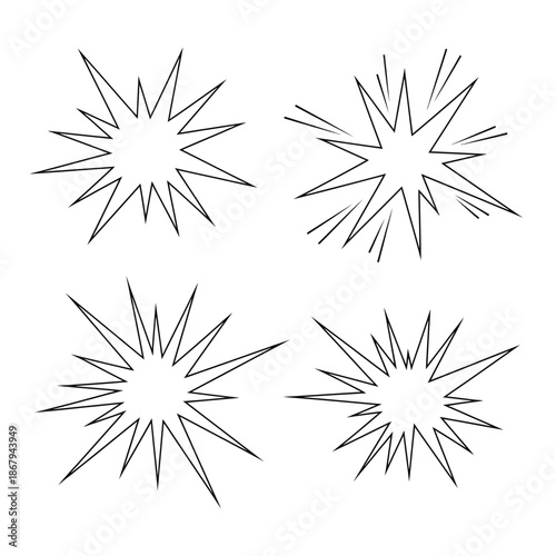 Four distinct black and white line art starburst explosion shapes, graphic design elements for impact and emphasis.