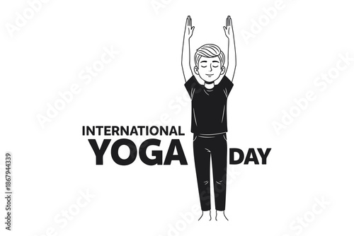 yoga day international celebration with a person in a black outfit standing with arms up  serene and peaceful atmosphere