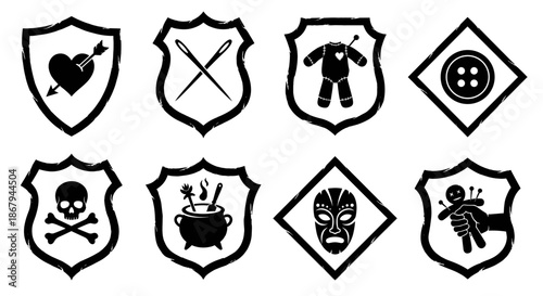 Set of Voodoo and Black Magic Vector Icons in Shield and Diamond Frames Featuring Skull Cauldron Doll and Needles for Occult Emblem Design