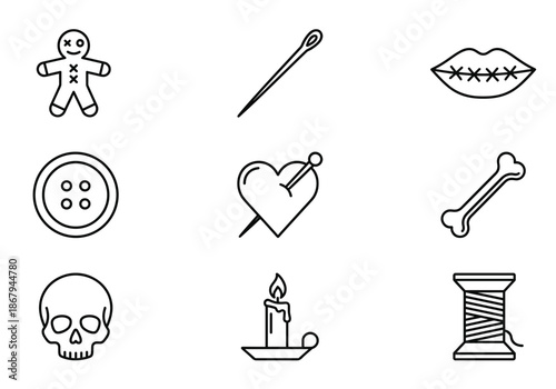 Vector set of minimalist voodoo doll line art icons including skull, candle, bone, stitched mouth, button, and heart with pin for tattoo or coloring book design.