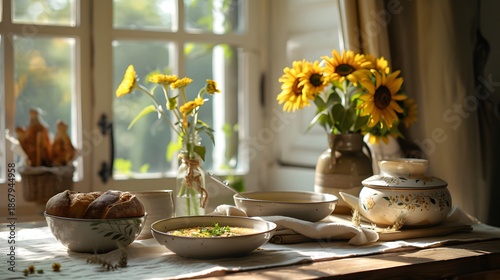 Cozy Morning Table With Soup, Bread, and Sunflowers