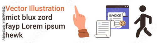 Finance, business transactions, navigation, payment confirmation, digital workflow, and documentation management. Hand pointing to invoice and walking figure. Finance and business transactions