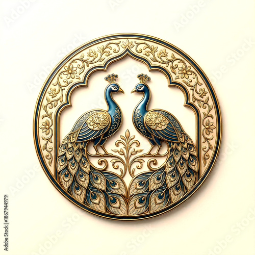 Circular decorative plate with two peacocks facing each other and intricate gold and blue isolated on a transparent background