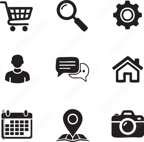 e-commerce shopping, search discovery, settings tools, profile account, messages chat, home dashboard, events calendar, location maps, media photography.eps