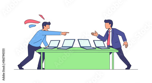 Two Men Competing Over Computers Fiercely.