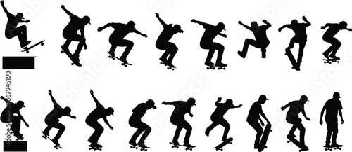 Collection of professional skateboarder silhouettes performing extreme tricks and street stunts isolated on white background for urban sports design projects