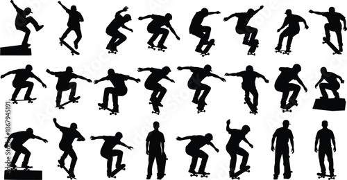 Set of skateboarder silhouettes featuring skaters performing tricks and stunts isolated on white background for urban extreme sports design projects