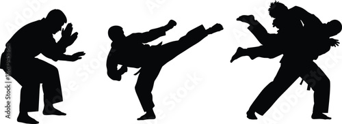Action pack of martial arts silhouettes featuring karate and judo fighters in combat poses isolated on white background for sports design