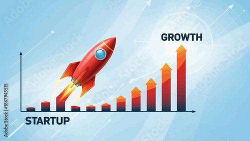 Startup rocket soaring upwards illustrating rapid business growth in a graph against a blue background