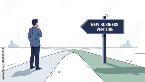 Man standing at crossroads contemplating new business venture opportunity ahead