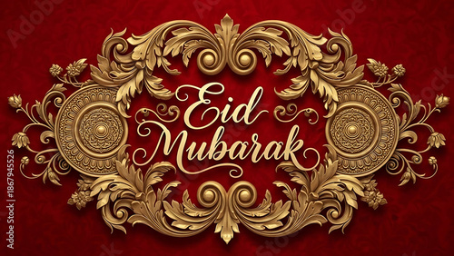 Eid Mubarak celebration with golden decorations on a red background