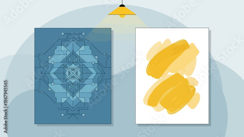 Abstract artwork displayed on wall with spotlight highlighting geometric patterns and yellow shapes in modern interior design