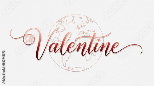 Elegant Valentine text with a rose gold globe outline symbolizing global love and romance for Valentines Day celebrations isolated on a white background