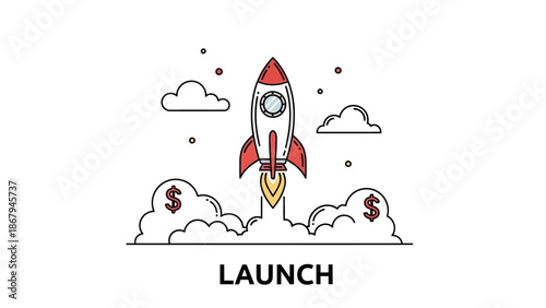 Launch of a rocket surrounded by clouds and dollar signs indicating financial success
