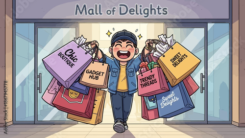 Excited shopper emerging from mall entrance with numerous shopping bags