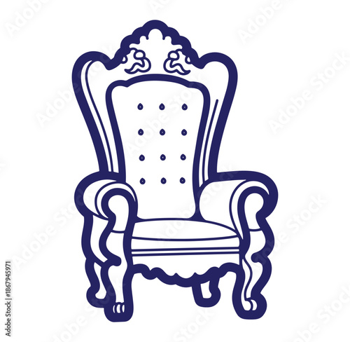 Elegant blue outline illustration of a classic royal throne chair against a white background
