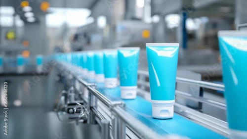 Cosmetic tubes moving along a conveyor belt in a factory. Automation and industrial efficiency at work