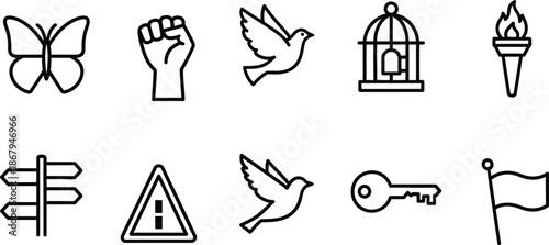 National freedom day icon set symbols of liberty and independence