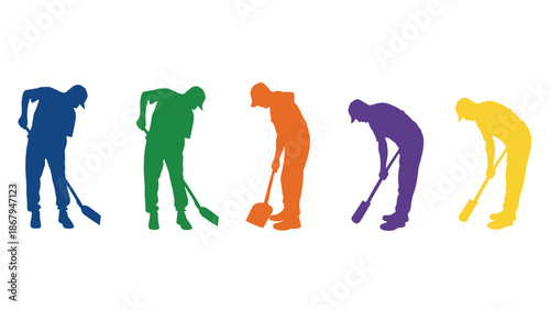 Workers sweeping with colorful brooms in various poses
