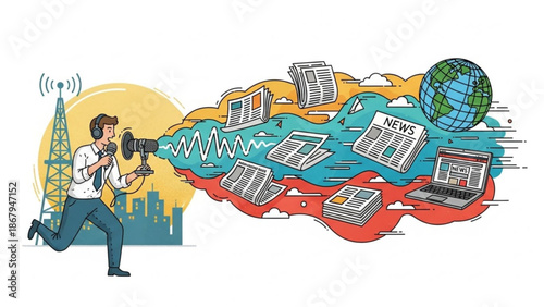 Man in headphones holding megaphone with news papers and laptop emerging from mouth