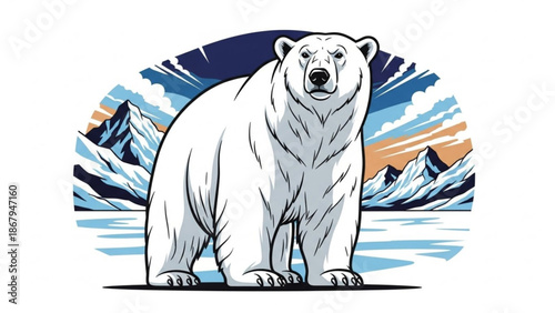 A large white polar bear standing in front of a scenic mountain range at sunset or sunrise