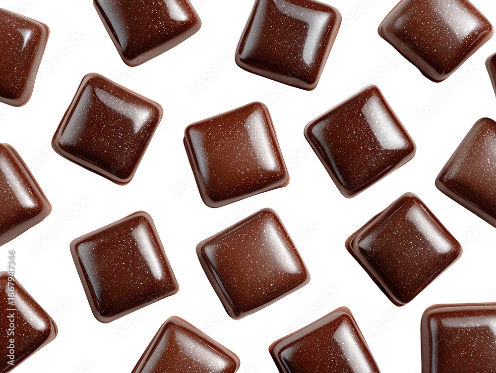 Fototapeta premium Gleaming chocolate squares are scattered on a stark black surface