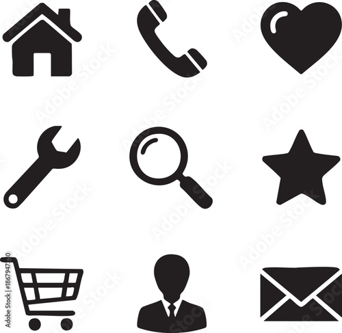 home, phone, heart, wrench, magnifying glass, star, shopping cart, user, email.eps