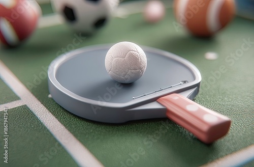 Ping pong ball on paddle with other sports balls nearby