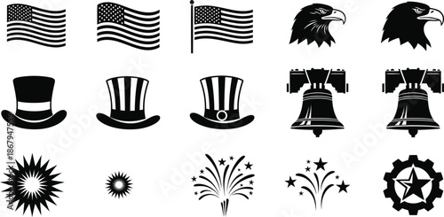 National freedom day icon set featuring american symbols and patriotic elements