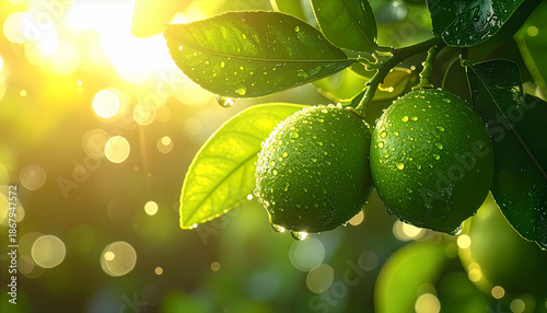 Sunlit hanging limes with dew, bright bokeh and lush leaves. Fresh citrus on branch, golden sunlight glow and clean natural mood. Dewy limes in warm backlight, vibrant orchard background