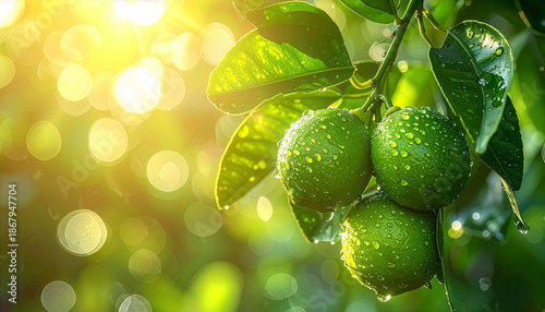 Hanging limes with droplets, golden sun flare and dreamy bokeh. Citrus cluster on tree branch, wet leaves, bright morning backlight. Fresh limes in sunlight, sparkling dew and lush garden background