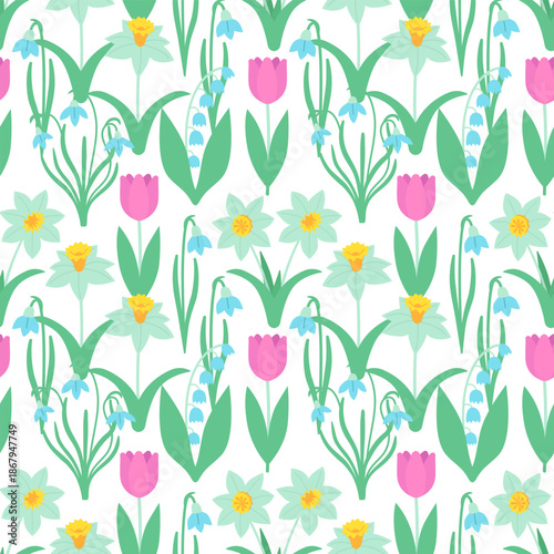 Spring flowers isolated on a white background. Seamless pattern under clipping mask, convenient for editing. Lily of the valley, narcissus, snowdrops, tulip and forget me not on a flat style.