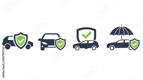 Car protection and safety icons with shields and checks