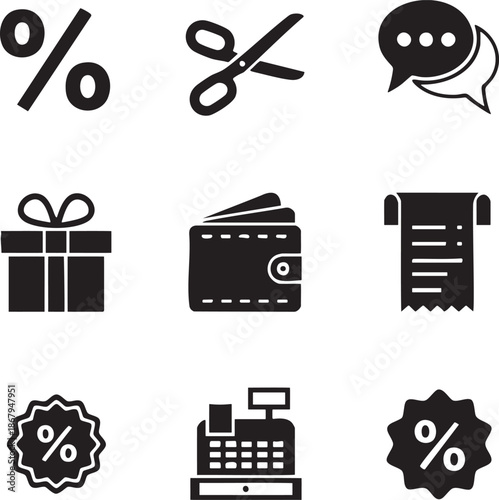 percent,scissors,message bubble,gift,wallet,receipt,percent,cash register,percent.eps