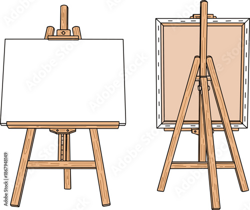 Wooden Desktop Artist Easel with Blank White Canvas and Back View Illustration Isolated on White Background for Painting and Art Projects
