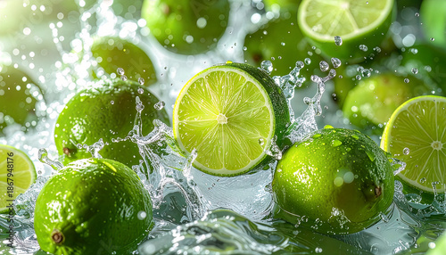Limes and slices splashing in water, vibrant fresh drink background. Citrus burst with droplets, energetic hydration concept for beverage ads. Green lime splash action, clean freshness