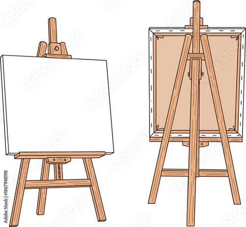 Set of Professional Wooden Artist Easels with Blank White Canvas Front and Back View for Painting Studio Fine Art and Gallery Display