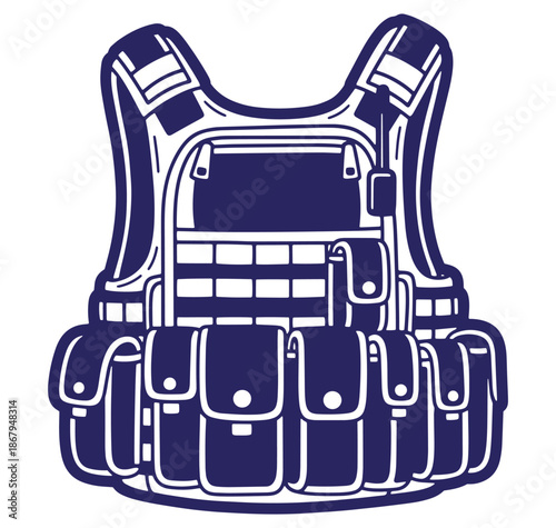 Vector illustration of a tactical military vest with pouches and straps for combat and protection.