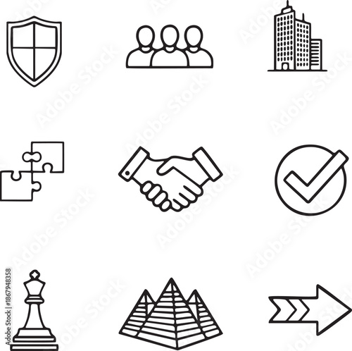 shield, group of people, skyscrapers, puzzle pieces, handshake, checkmark, chess piece, pyramids, arrow.eps