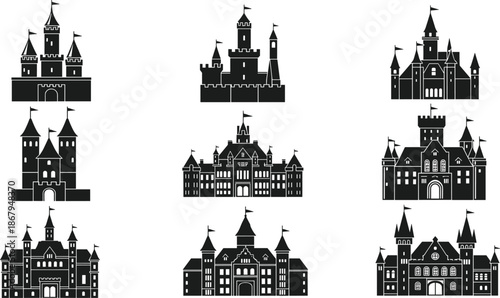 Set of Nine Medieval Castle Silhouettes Featuring Gothic Architecture Fortresses and Royal Palaces with Towers and Flags for Graphic Design Projects