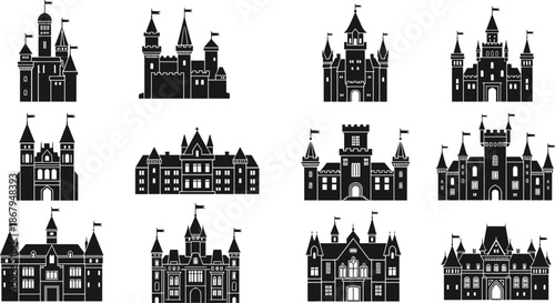 Medieval Castle Silhouette Collection Featuring Gothic Fortress Vectors and Royal Palace Icons for Fantasy Kingdom Design and Ancient Architecture Graphic Projects