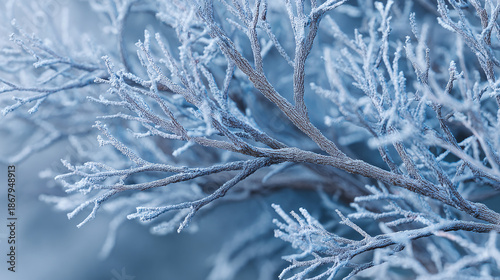 Frozen branches covered in ice, creating a beautiful winter scene. The delicate ice crystals sparkle in the cold air, evoking a sense of tranquility and the beauty of nature