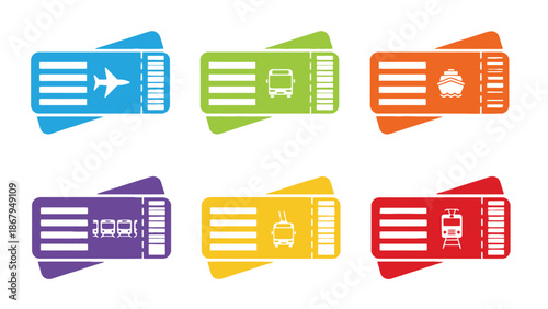 Colorful transportation tickets for travel and tourism