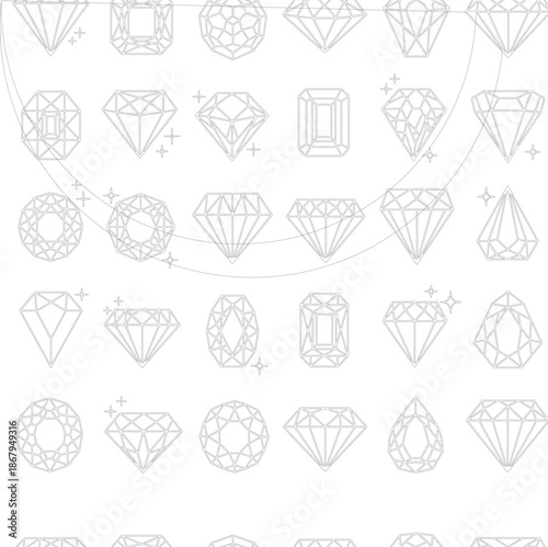 Collection of various gemstone and diamond cut line icons featuring geometric wireframe shapes for jewelry manufacturing design patterns and luxury branding elements