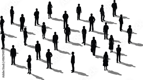 Isometric crowd of people silhouettes with shadows standing in a diverse group isolated on white background for community and social networking.