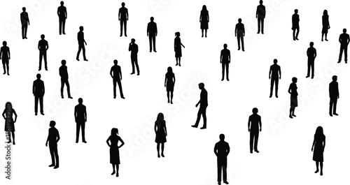 Diverse crowd of people silhouettes standing in group isolated on white background representing community, social networking, human population, and teamwork.